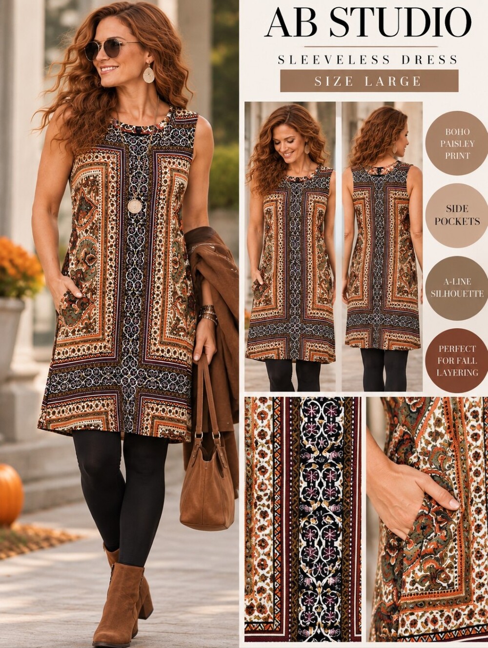 AB Studio Boho Paisley A-Line Dress Large Pockets Fall EUC